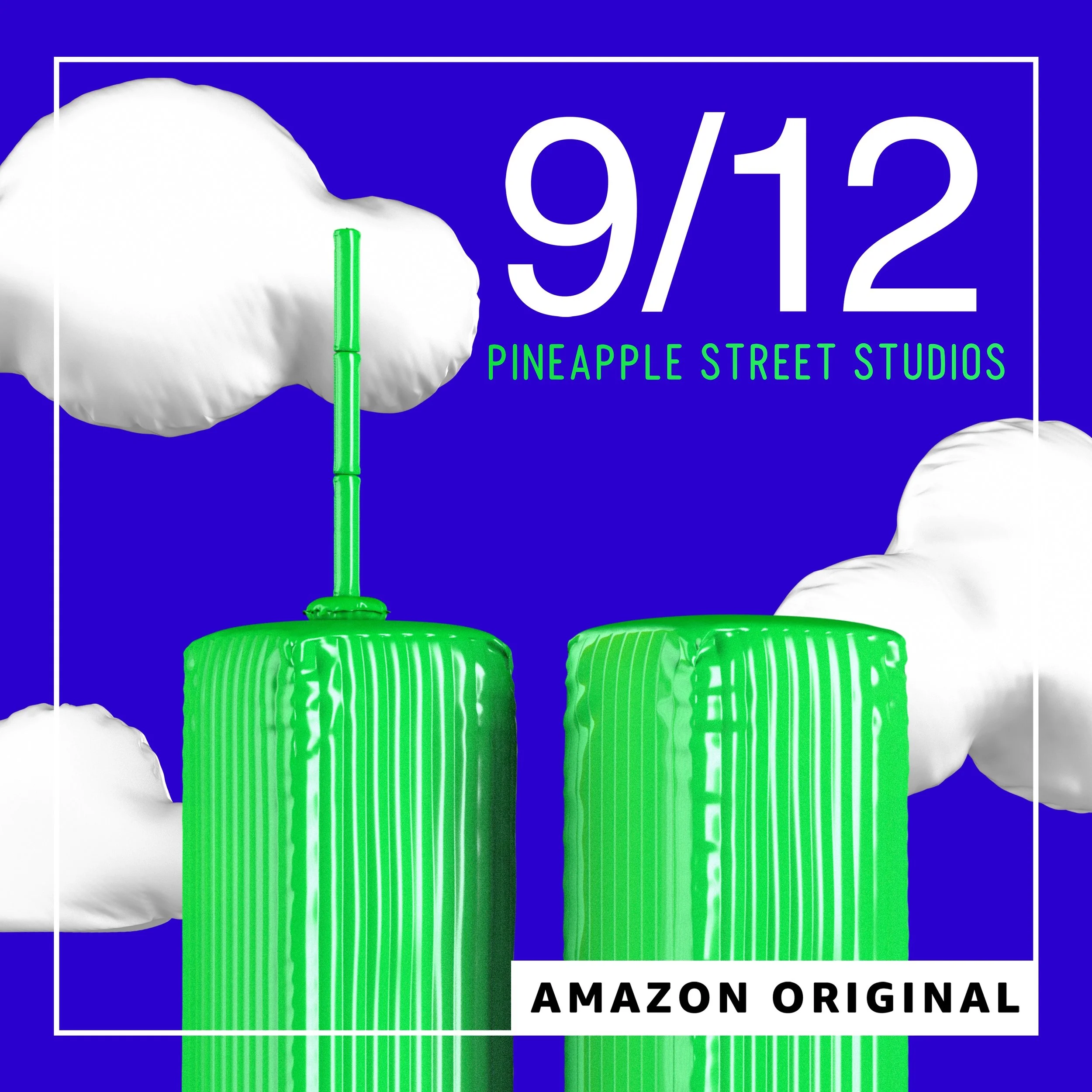 Promotional poster for a documentary titled '9/12' featuring green candlestick sculptures resembling buildings, with blue sky background, white clouds, and text indicating it is an Amazon Original from Pineapple Street Studios.