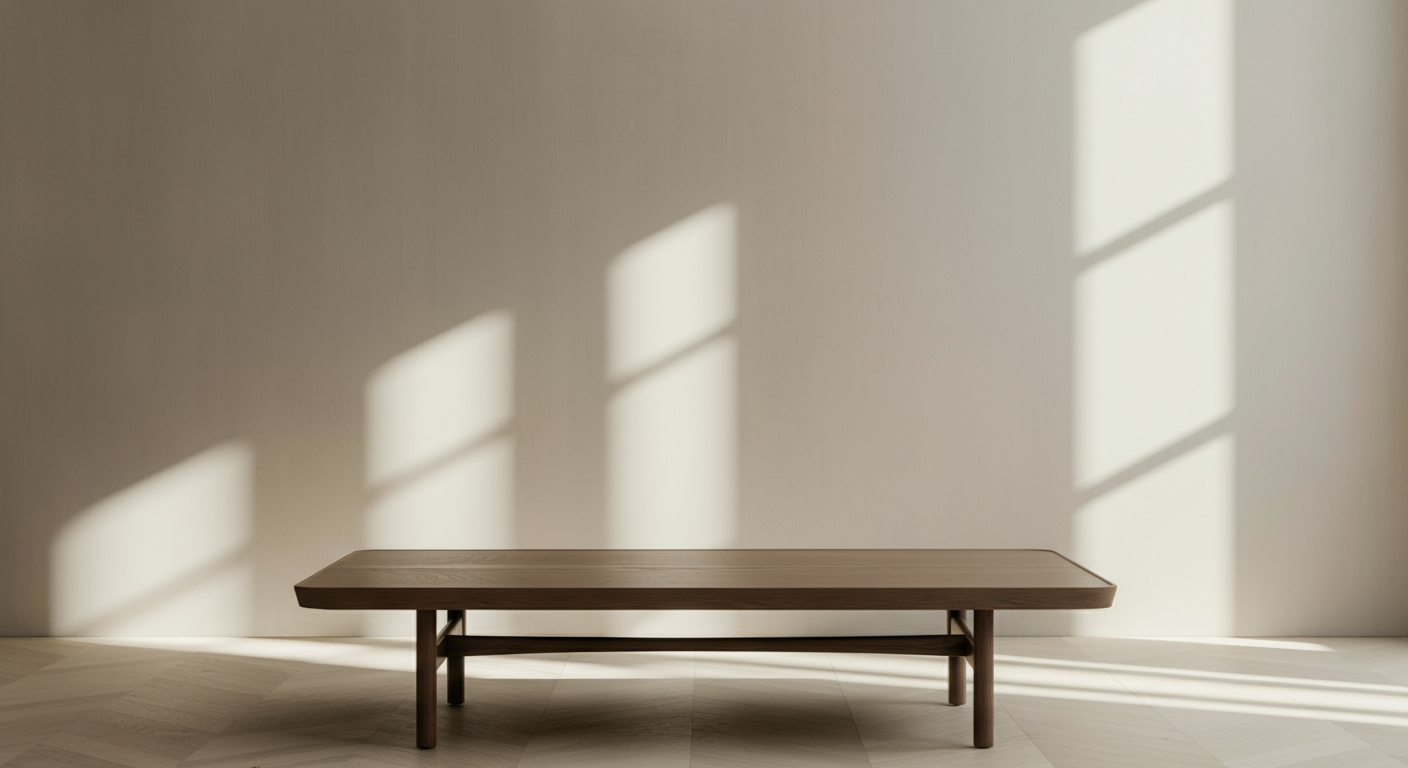 Empty wooden bench in a well-lit room with sunlight casting shadows through window panes on the wall behind.