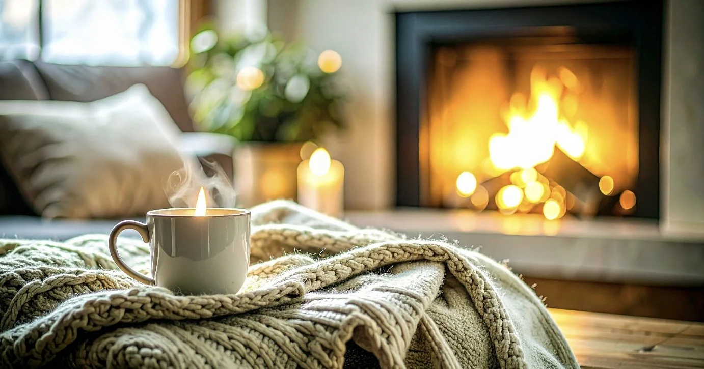 Cozy living room with a steaming cup of tea or coffee on a knitted blanket, a lit fireplace in the background, and soft ambient lighting.