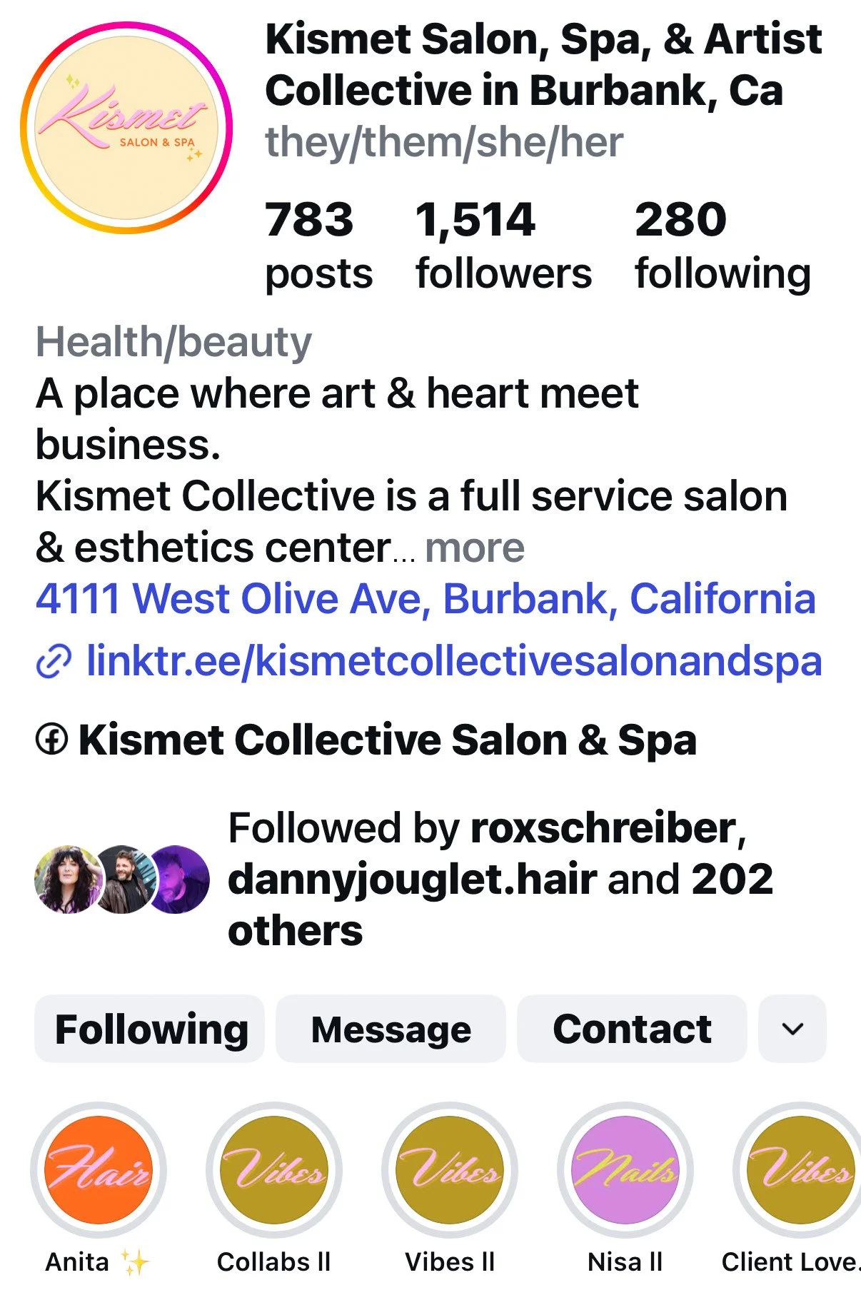 Social Media Profile of Kismet Salon, Spa, & Artist Collective in Burbank, California, including logo, name, description, location, website link, and social media handle, with navigation buttons for 'Following,' 'Message,' and 'Contact'.
