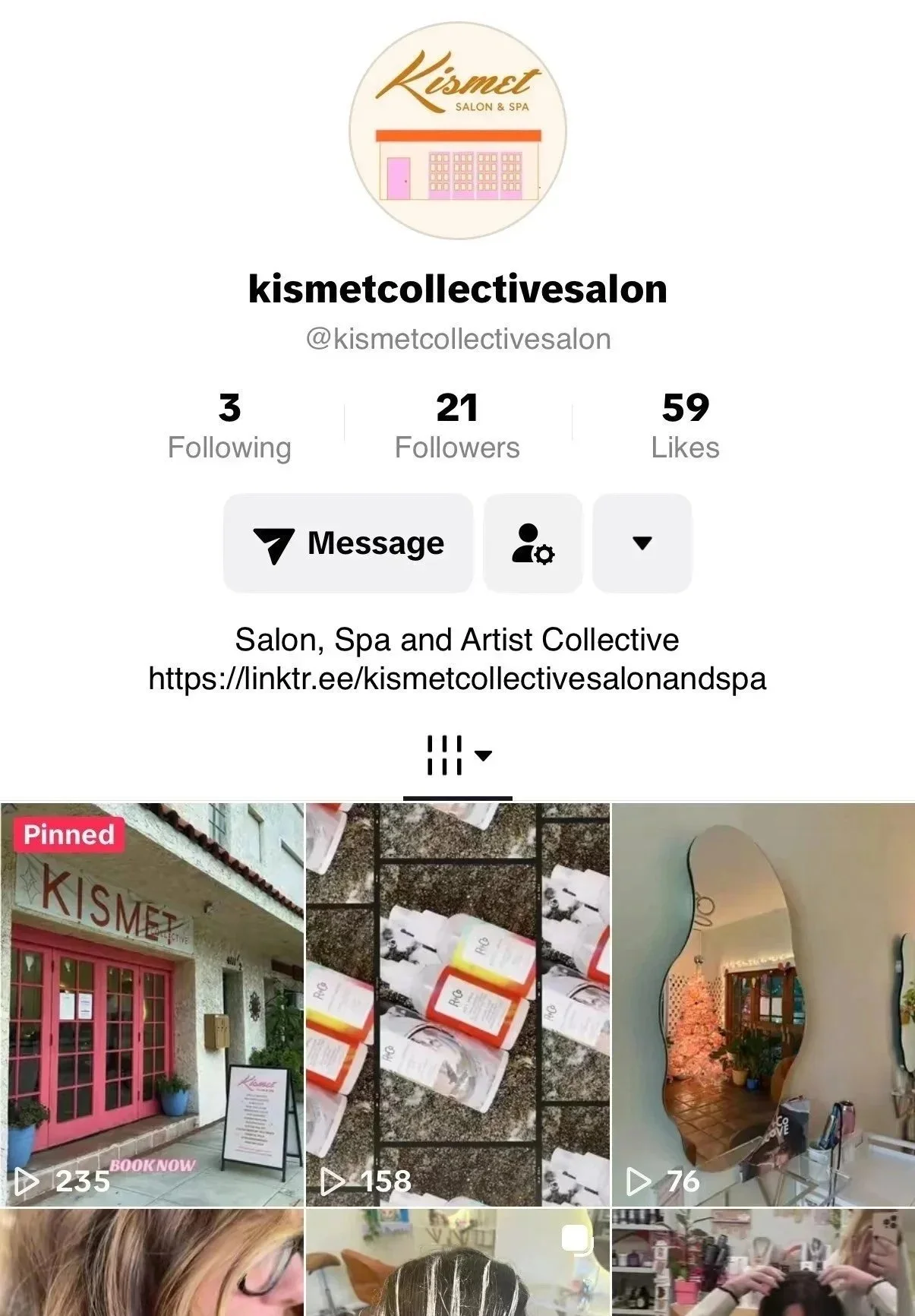 Screenshot of a social media profile for Kismet Salon & Spa, showing the salon's logo, following and likes, and links to their website and videos of the salon's interior and services.