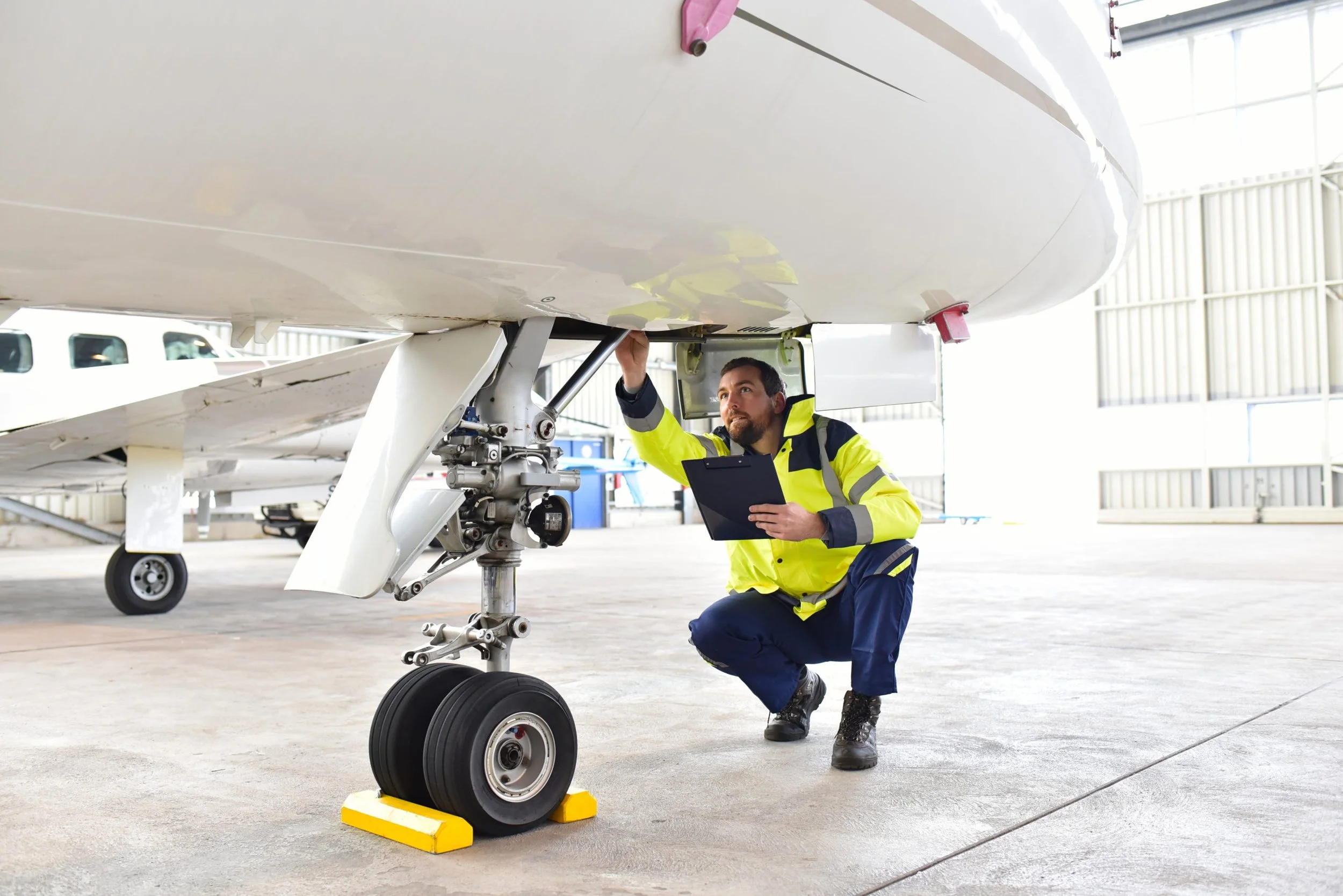 A man in a high-visibility jacket crouches under the nose of a small aircraft, examining its landing gear and holding a clipboard inside a hangar.