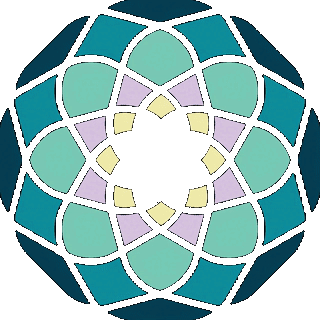 A close-up of Inner Space Research's logo with a kaleidescope pattern in shades of blue, purple, and yellow.