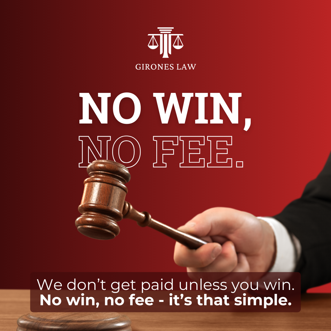 A person in a suit holding a gavel in front of a red background with the logo of Girones Law. The text says, 'No win, no fee.' and at the bottom, 'We don't get paid unless you win. No win, no fee - it's that simple.'.