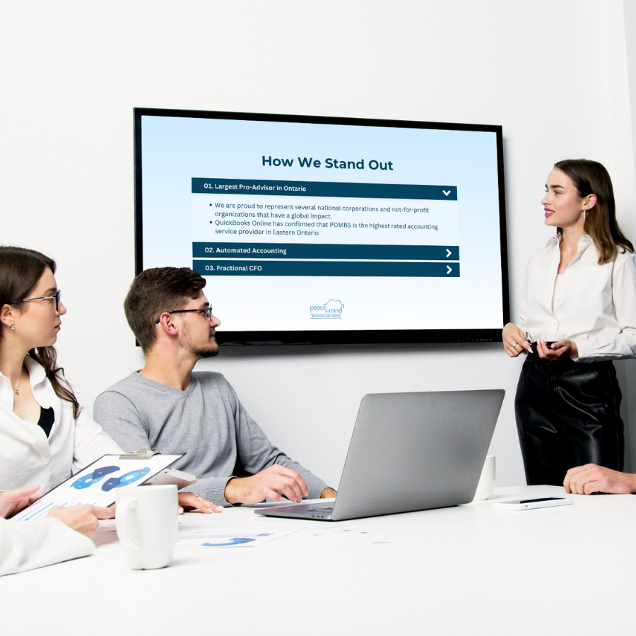 A woman standing and presenting to three seated colleagues in a conference room. The presentation slide on the screen reads 'How We Stand Out' with bullet points about the company.