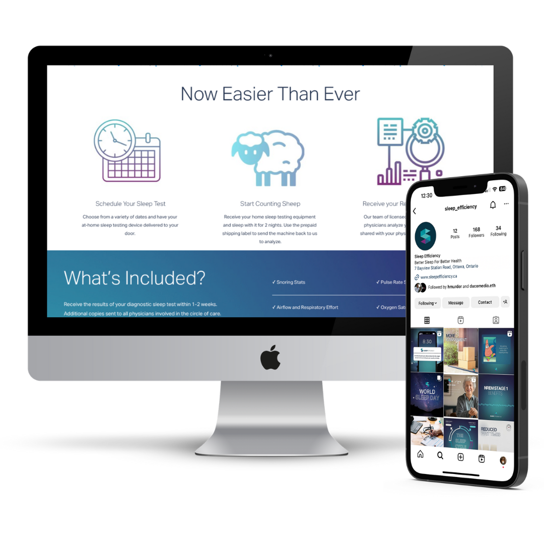 An iMac computer displaying a presentation about sleep testing with the title 'Now Easier Than Ever' and a smartphone showing an Instagram profile.