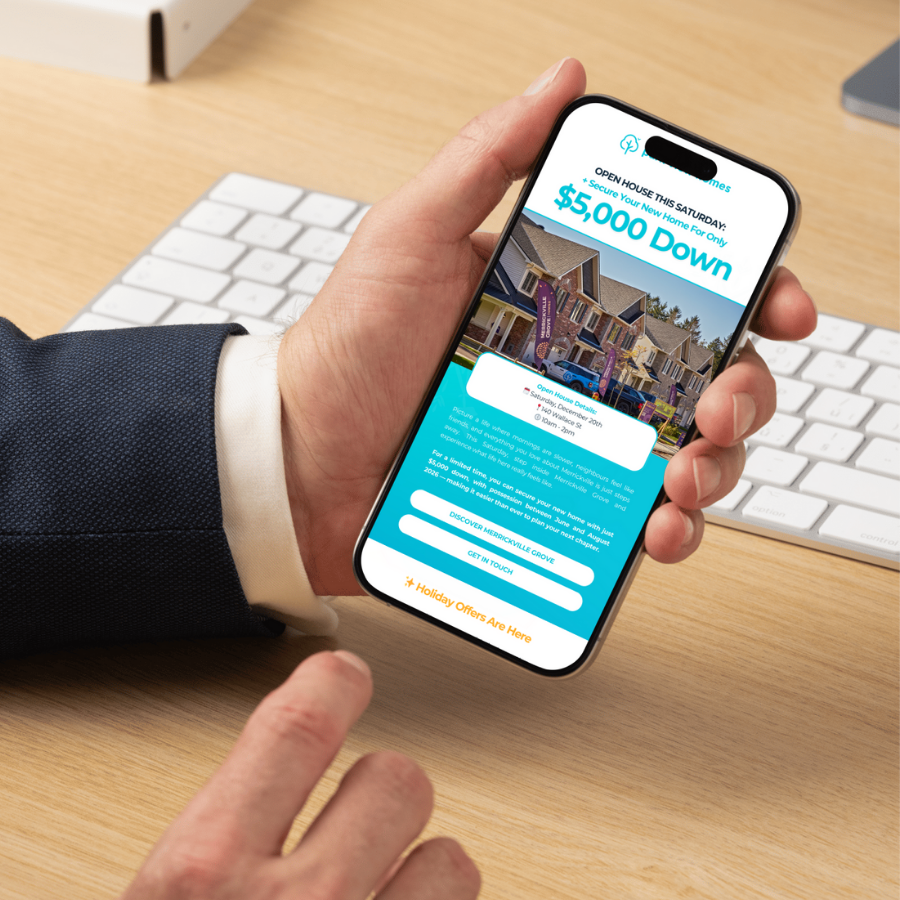 A person in a suit holding a smartphone displaying a real estate advertisement for a home with a promotion of $5,000 down payment. The phone screen shows an image of a house and buttons for more details and contact. part of a keyboard is visible near