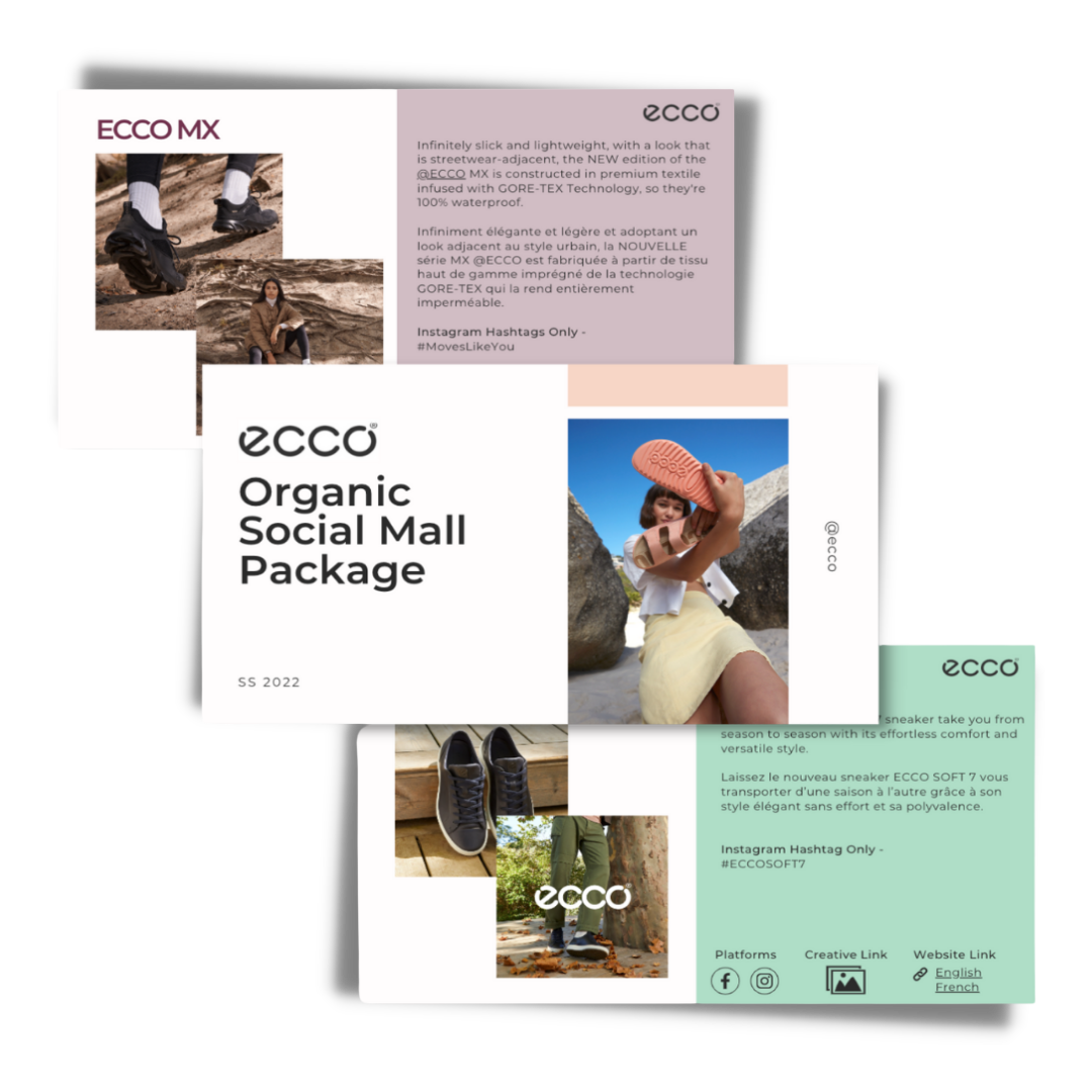 Three overlapping marketing flyers for ECCO footwear, featuring outdoor images of people wearing ECCO shoes and information about their 2022 and season collection.