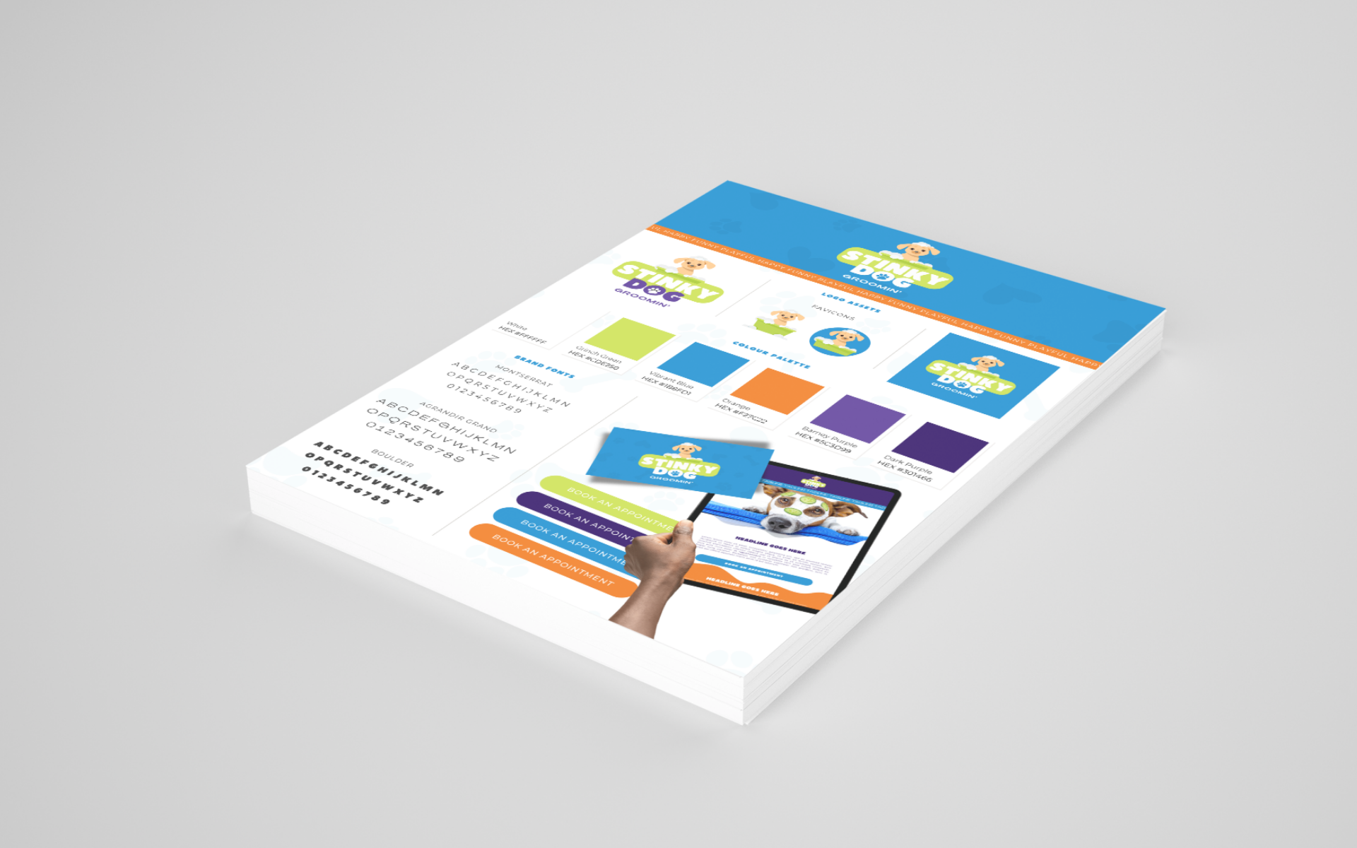 Design mockup of a website for Tiny Tinky Dog grooming, showing branding colors, font options, and booking buttons, with a focus on a dog's grooming service.