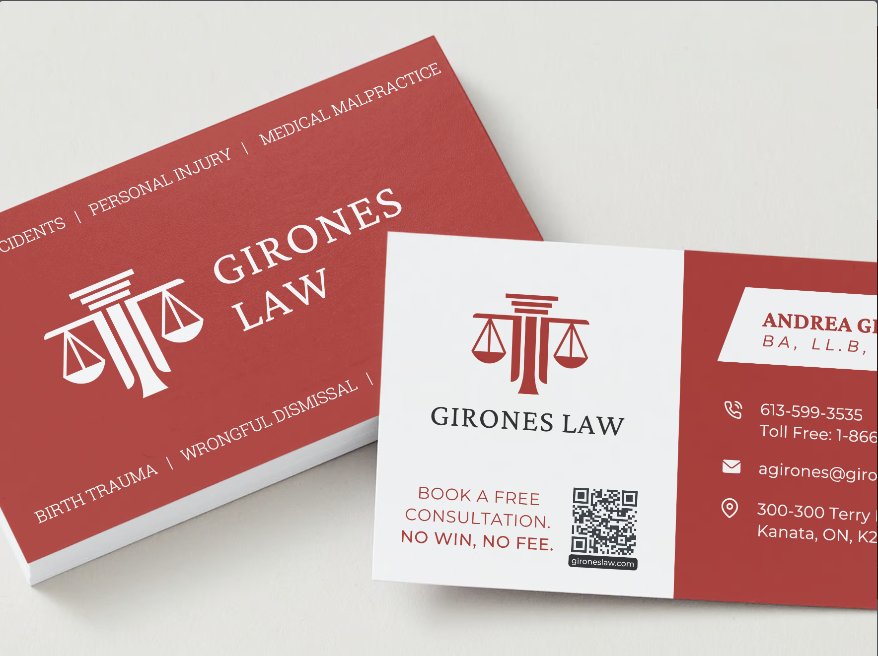 Business cards for Girones Law, with red and white color scheme, incorporating a symbol of balanced scales and columns, includes contact information, QR code, and slogan about free consultation.