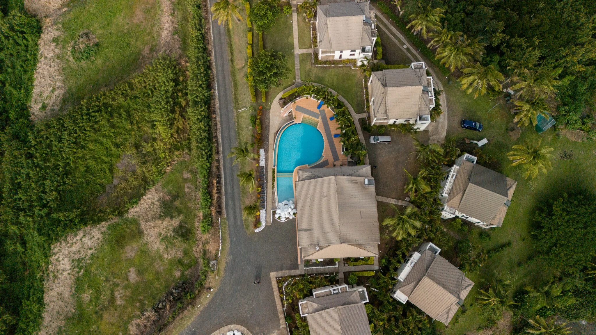 aerial view of a suburban residential neighborhood featuring a swimming pool and surrounding houses with tiled rooftops, trees, and green lawns