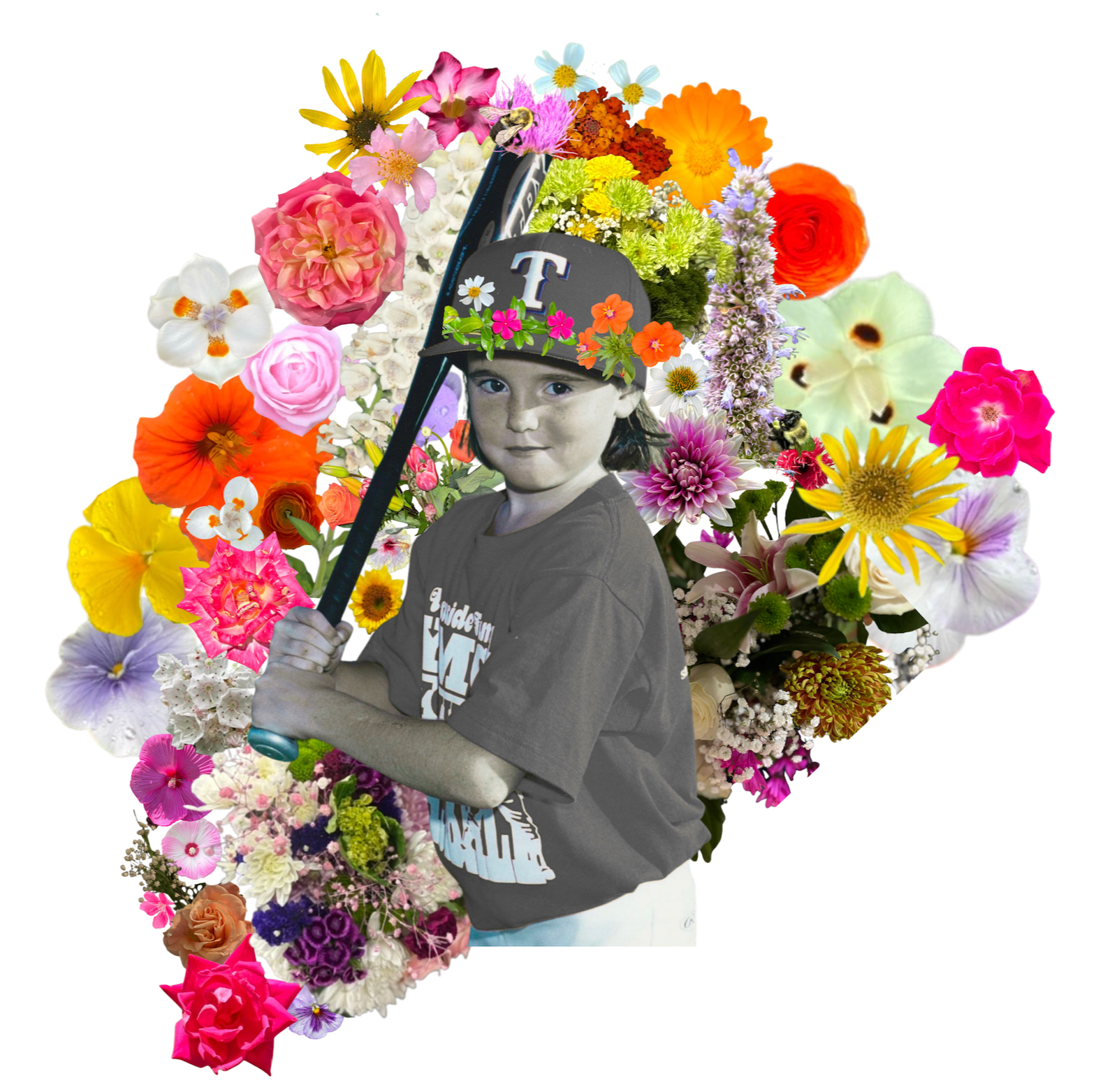 A young child in a gray T-shirt and baseball cap with a flower crown overlay, standing in front of a large colorful flower arrangement, holding a baseball bat.