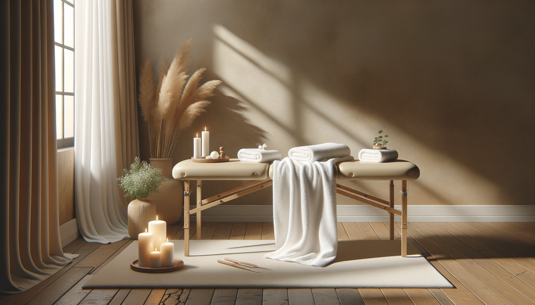 Massage table in a softly lit room with candles, towels, and plants