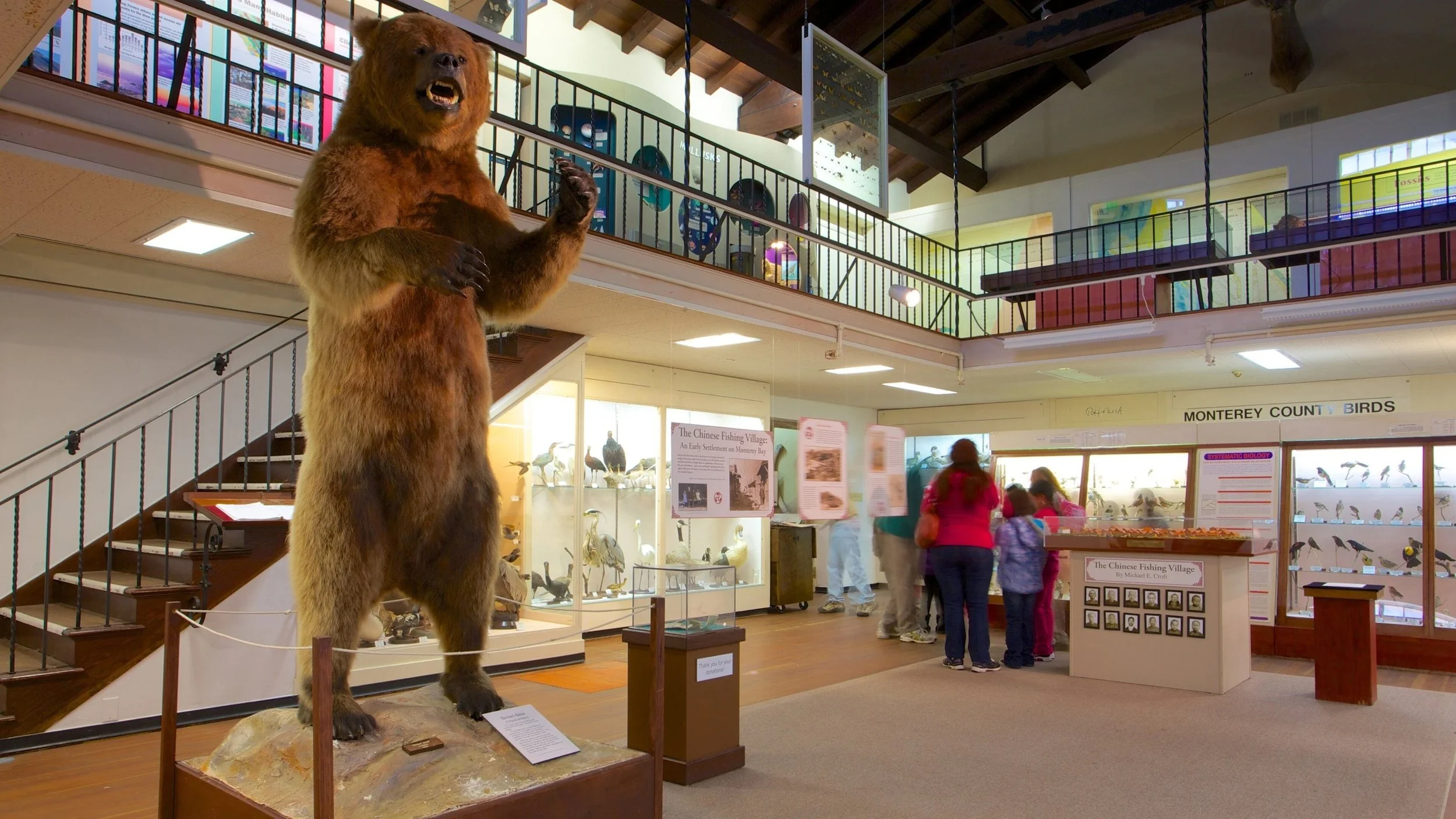 A stuffed bear sculpture on display in a museum, with visitors and informational exhibits visible in the background.