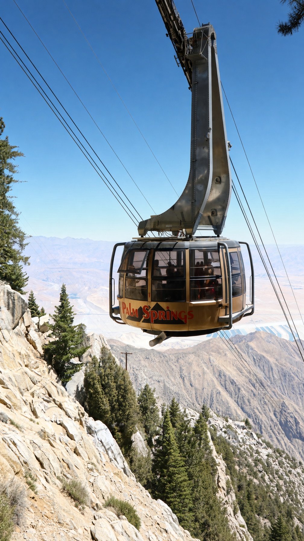 A cable car, labeled 'Palm Springs,' is suspended in the air over a mountainous landscape with trees and rocky slopes under a clear blue sky.