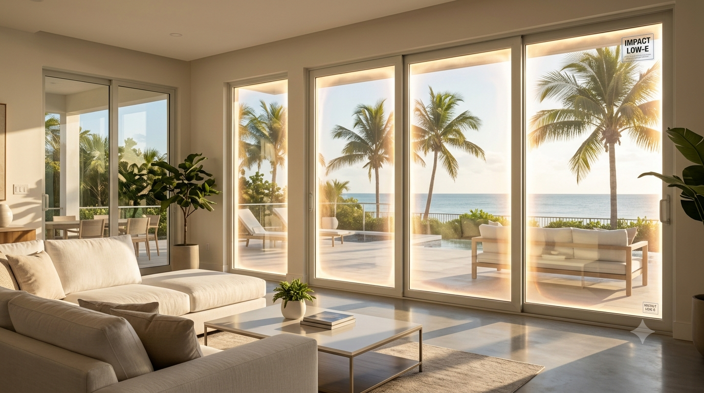 Sunlight filtering through energy-efficient impact glass overlooking the coast