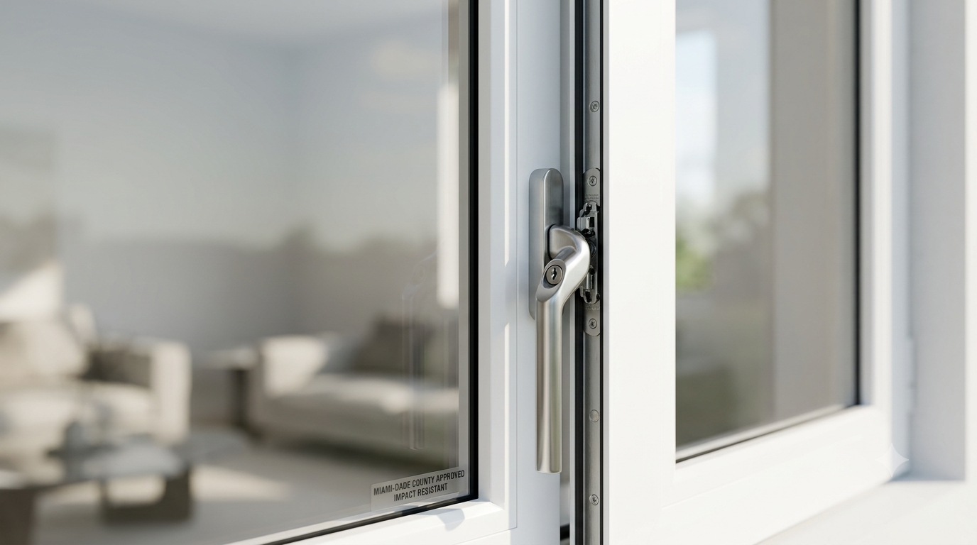 Close-up of impact window locking hardware