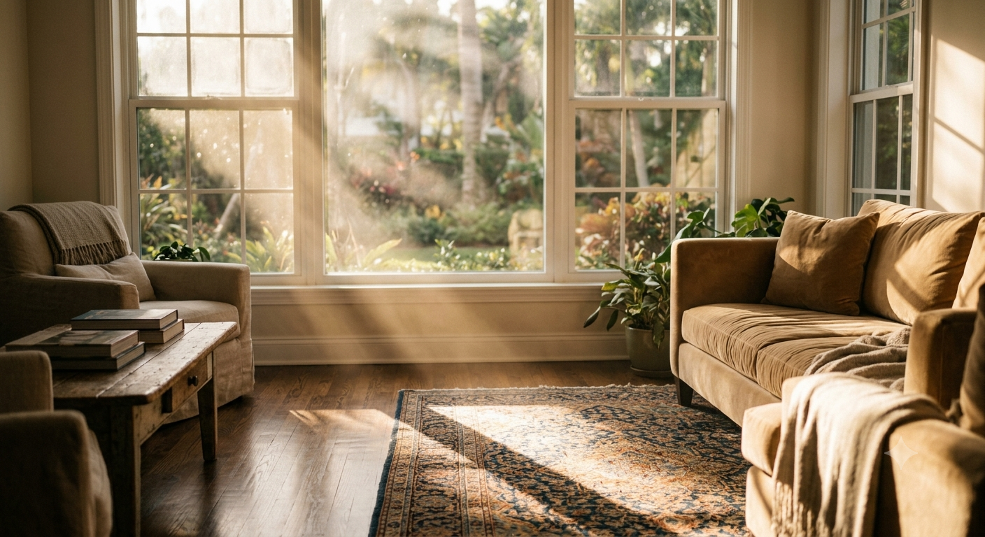 Natural light filling a living room protected from UV rays