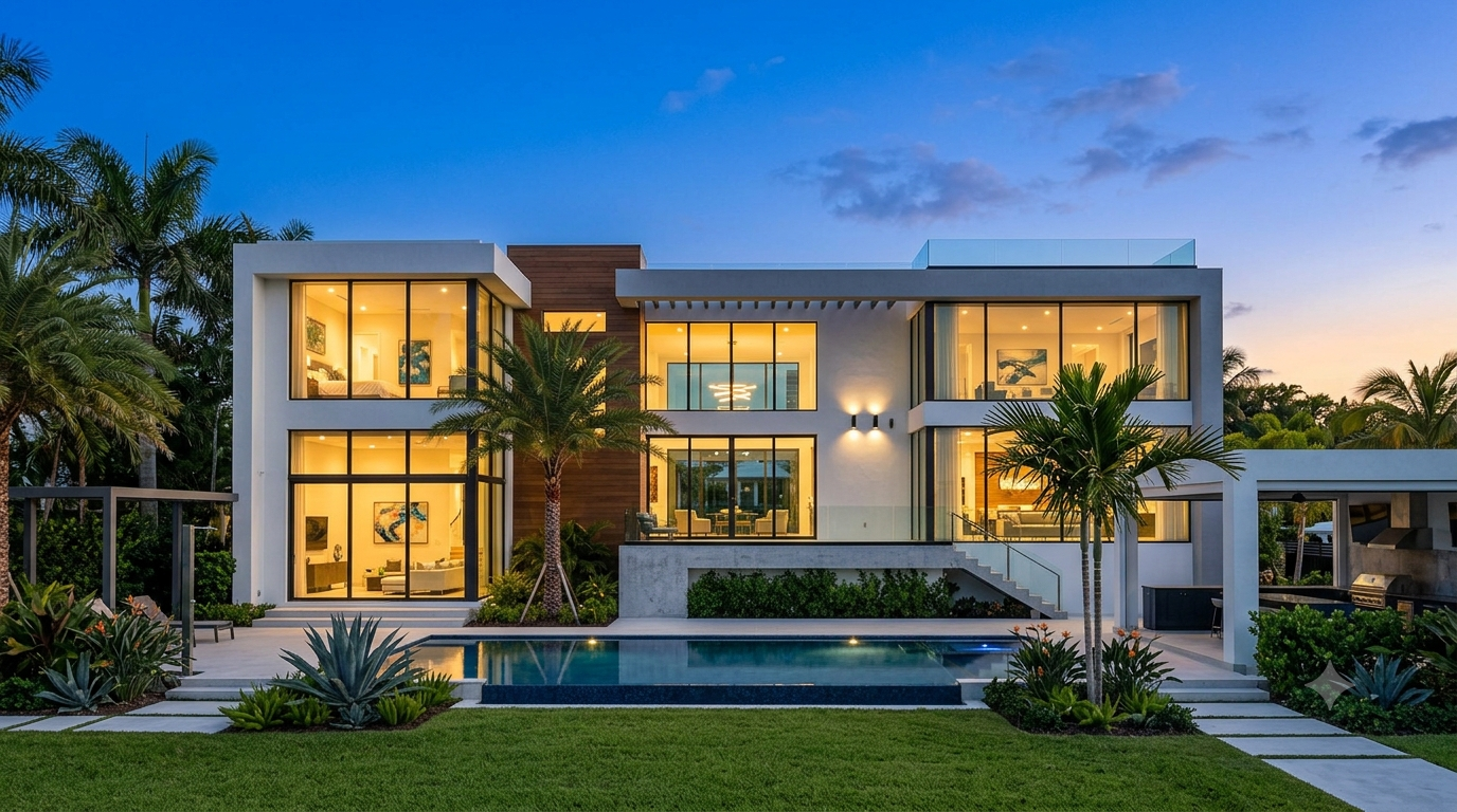 Upscale modern Sarasota home with impact windows at dusk