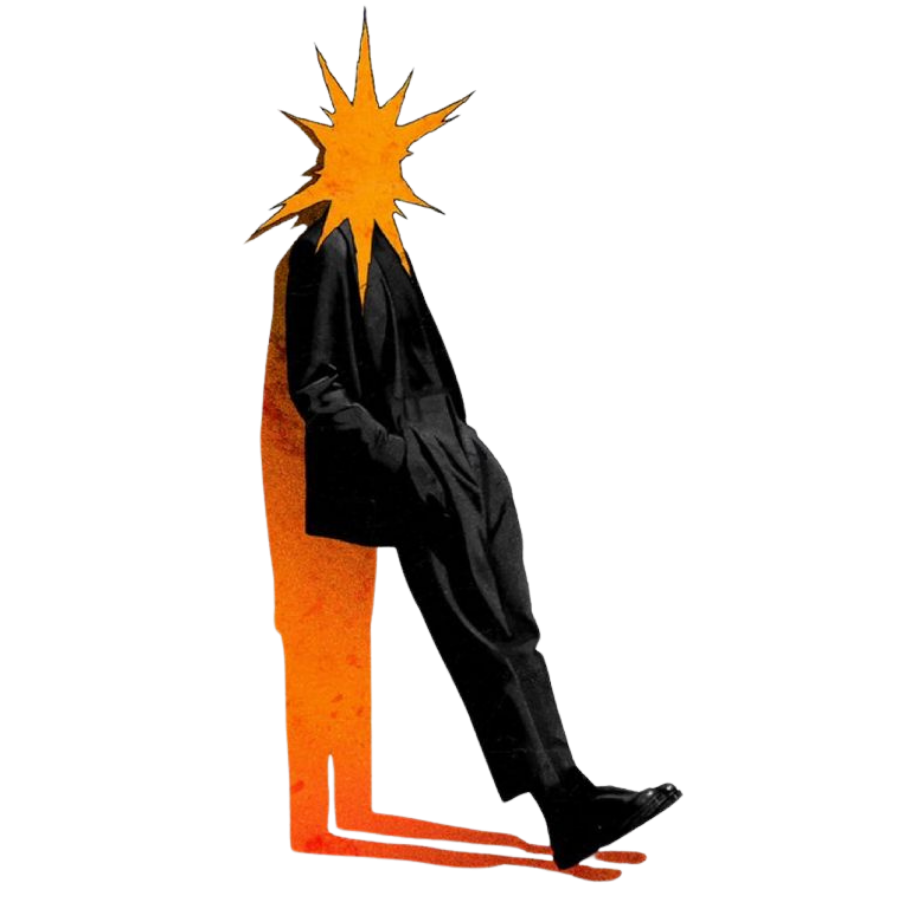 A person in a black suit sitting with a spray painted orange silhouette and a star graphic over their head.