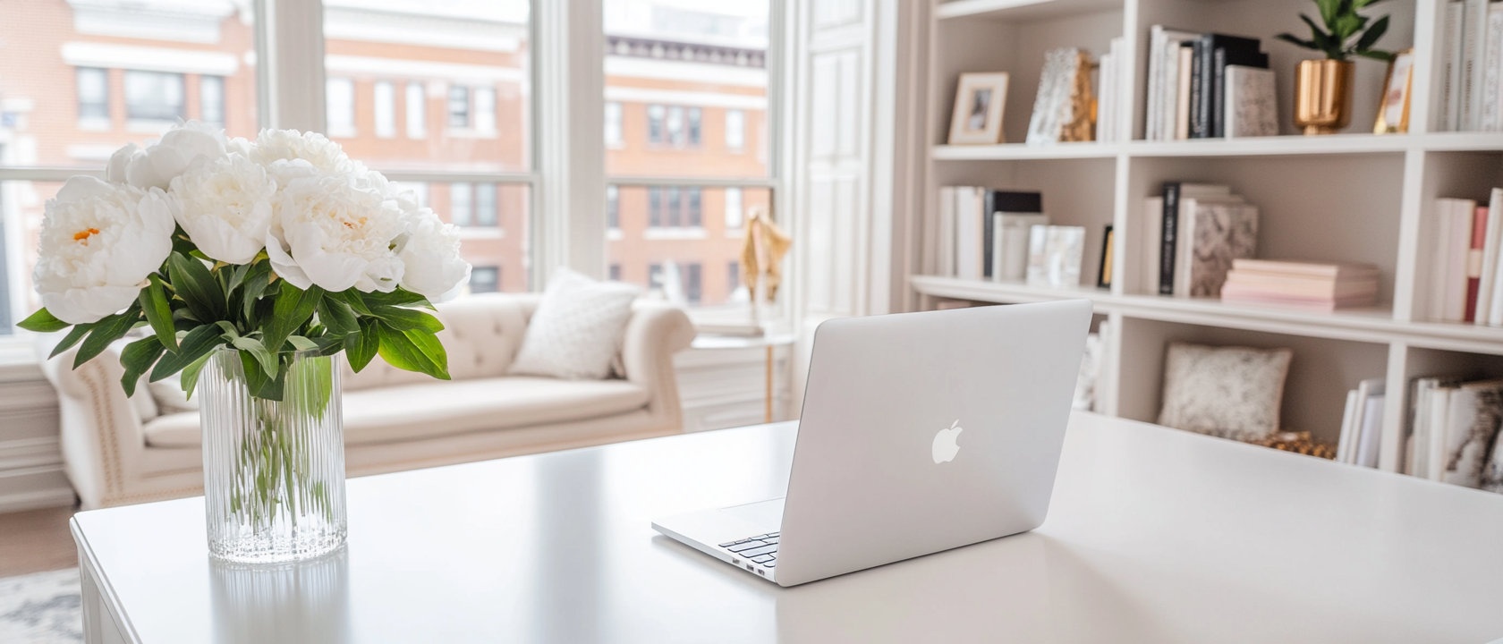 White desk with a silver MacBook and a vase of white flowers in a bright, modern room with a bookcase and a sofa in the background.