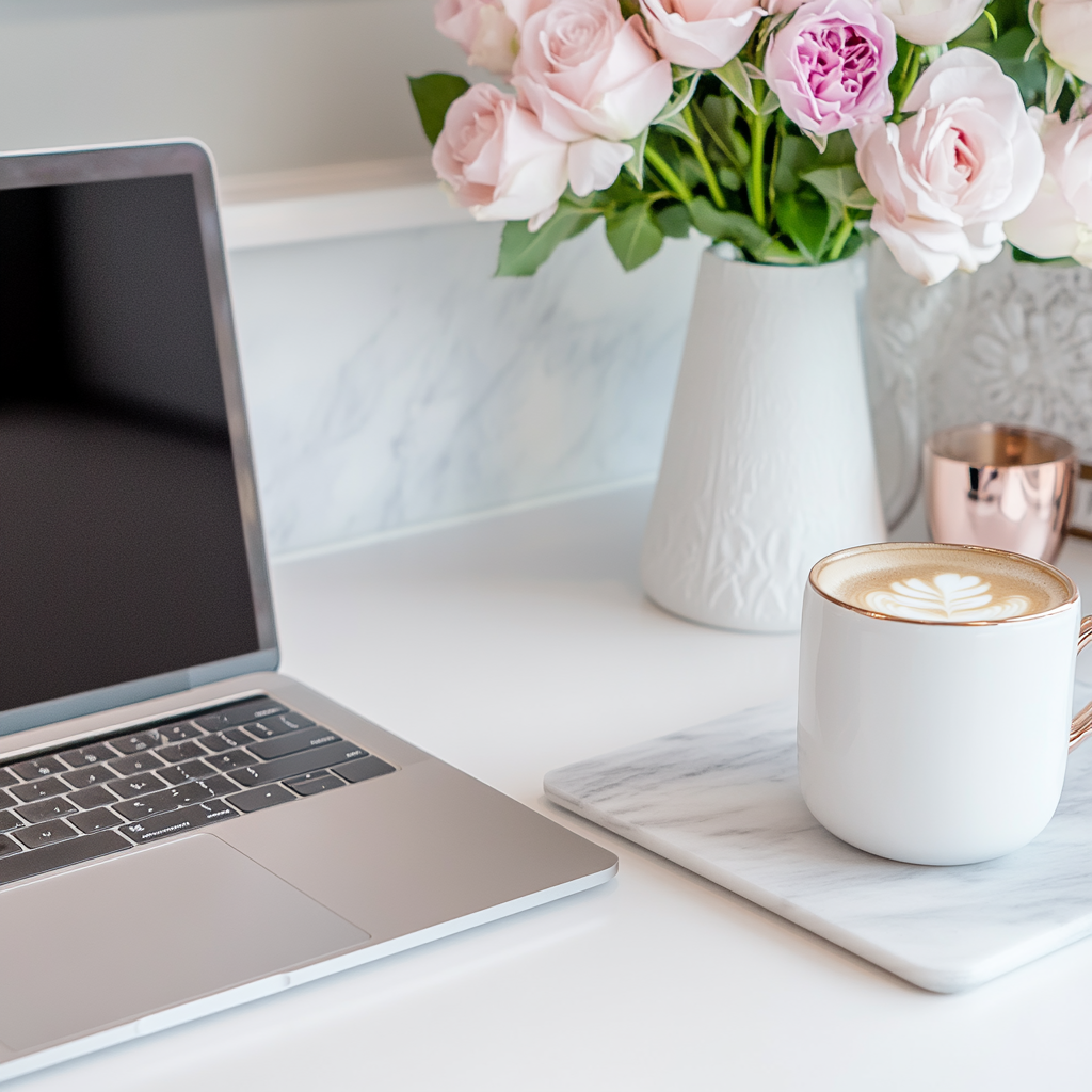 A laptop, a cup of coffee with latte art, a marble tray, a pink flower vase with pink and white roses, and a pink cup on a white surface.