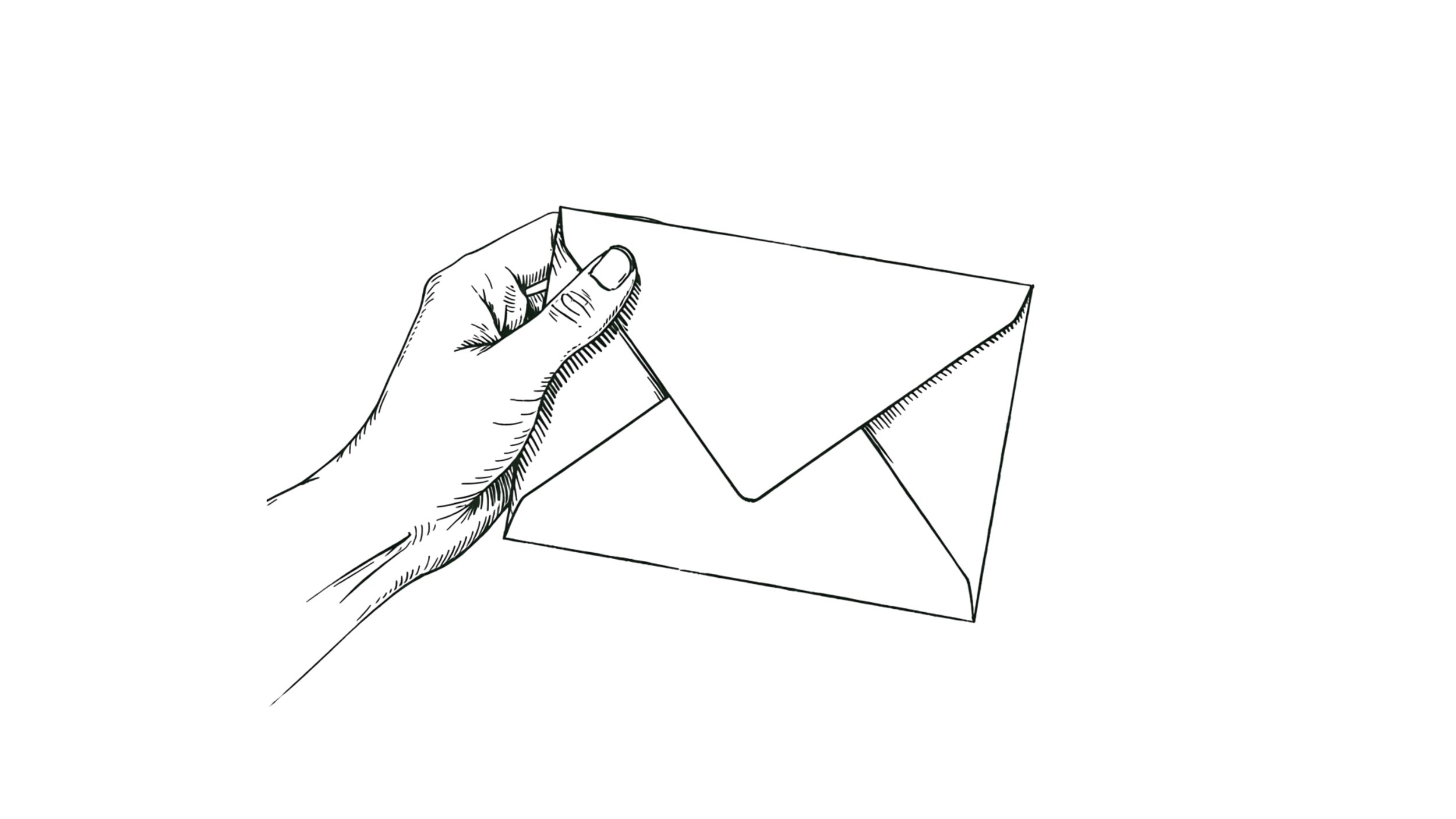 Line drawing of a hand holding a partially opened envelope on a plain background.