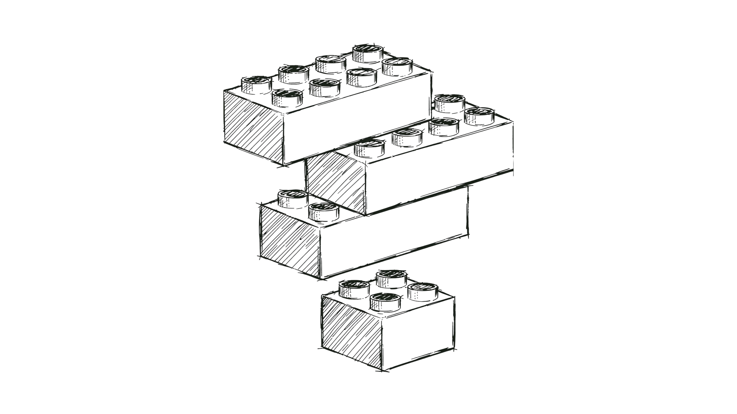 Sketch of three stacked toy building blocks, each with four circular studs, drawn in black ink.