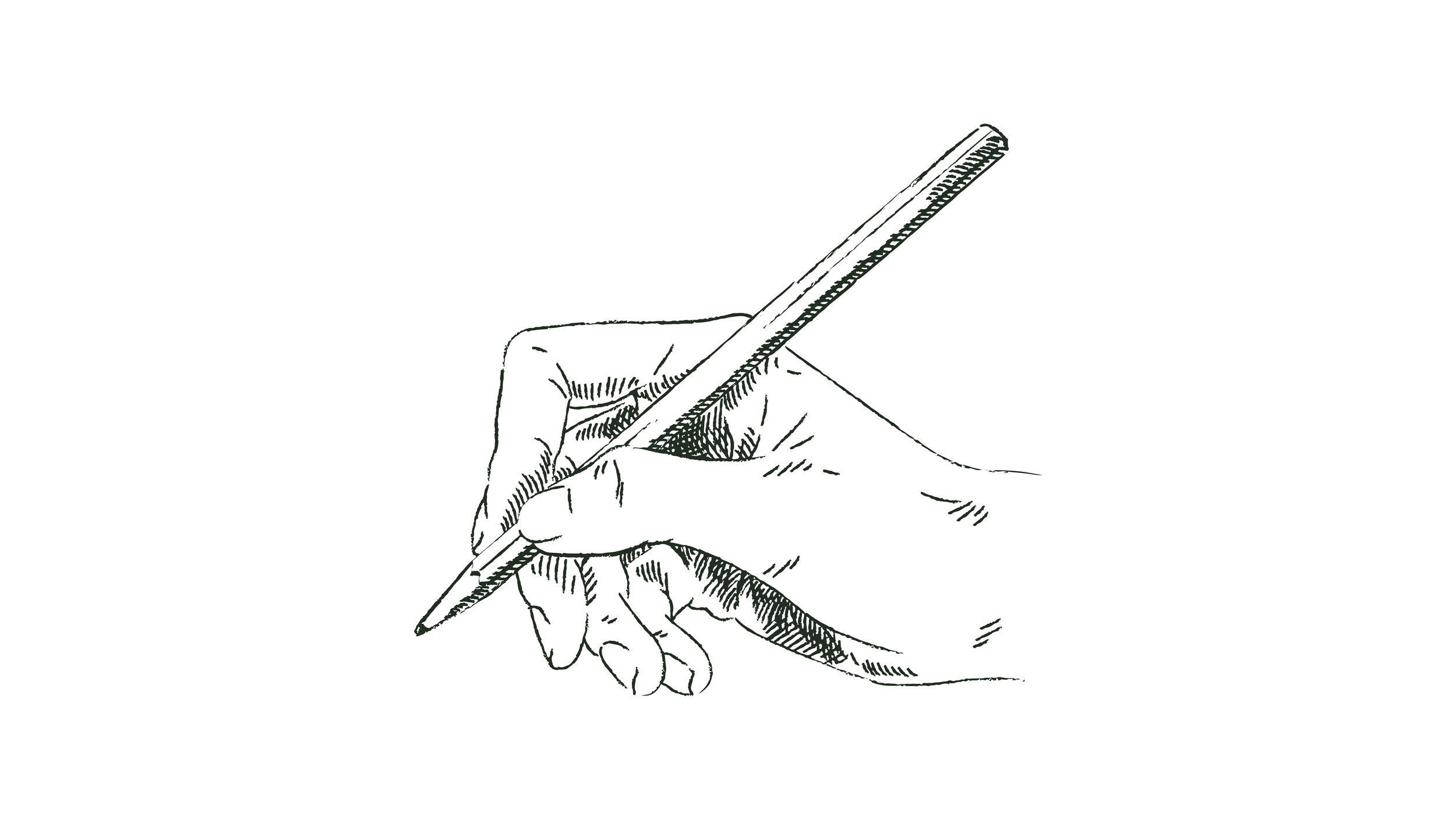 Black and white sketch of a hand holding a pen and writing.