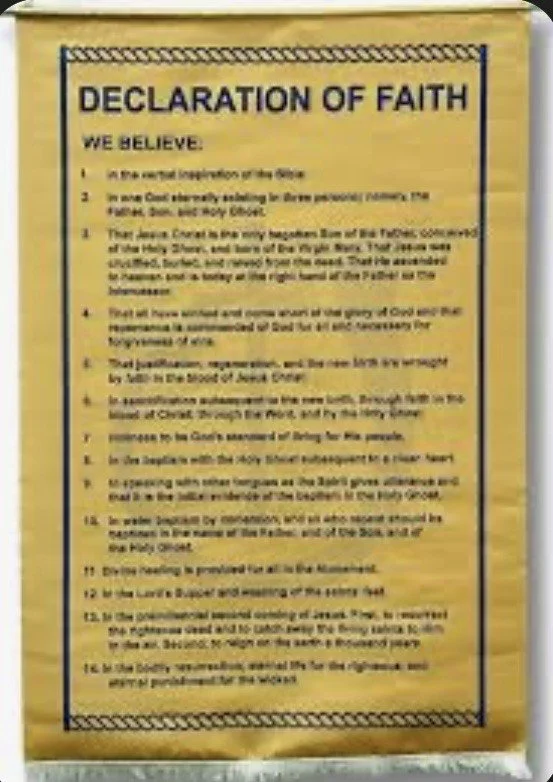 Declaration of Faith poster with text outlining the core beliefs of Christianity, including belief in God, Jesus Christ, and the Holy Spirit.