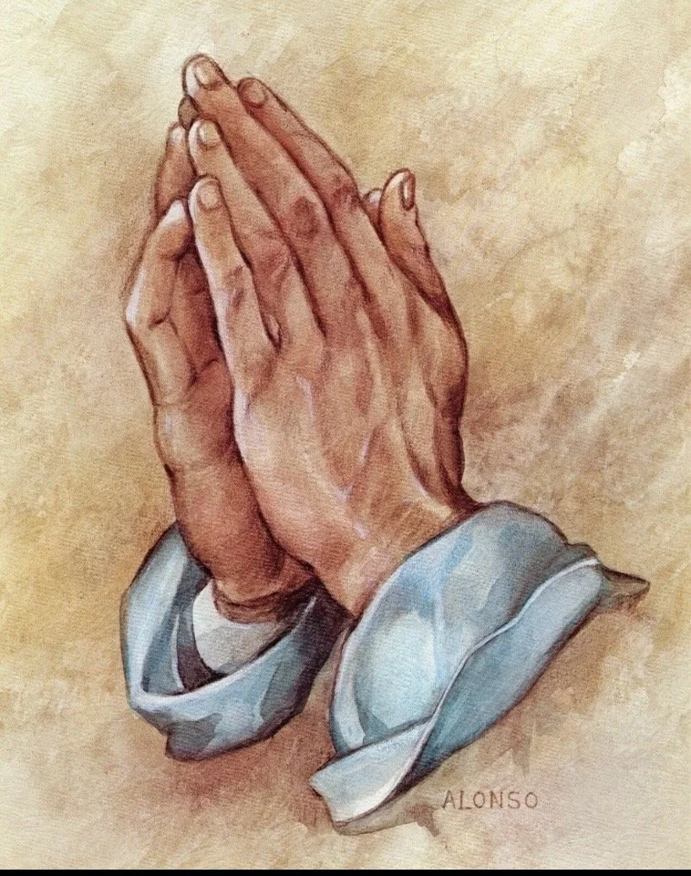 Drawing of two hands pressed together in prayer, wearing a suit jacket, against a beige background.