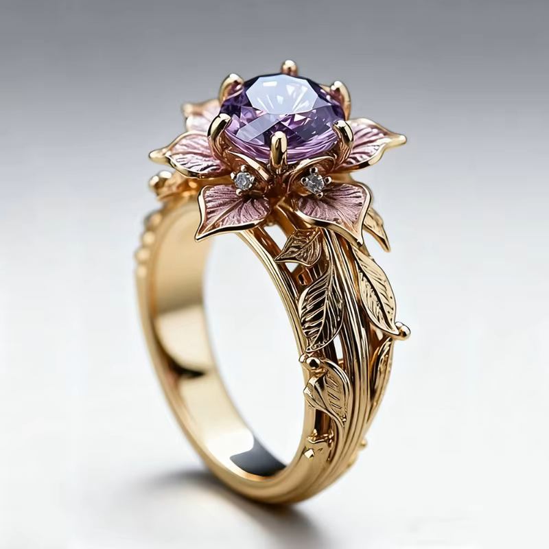 Purple Flower Ring with Sparkling Zirconia