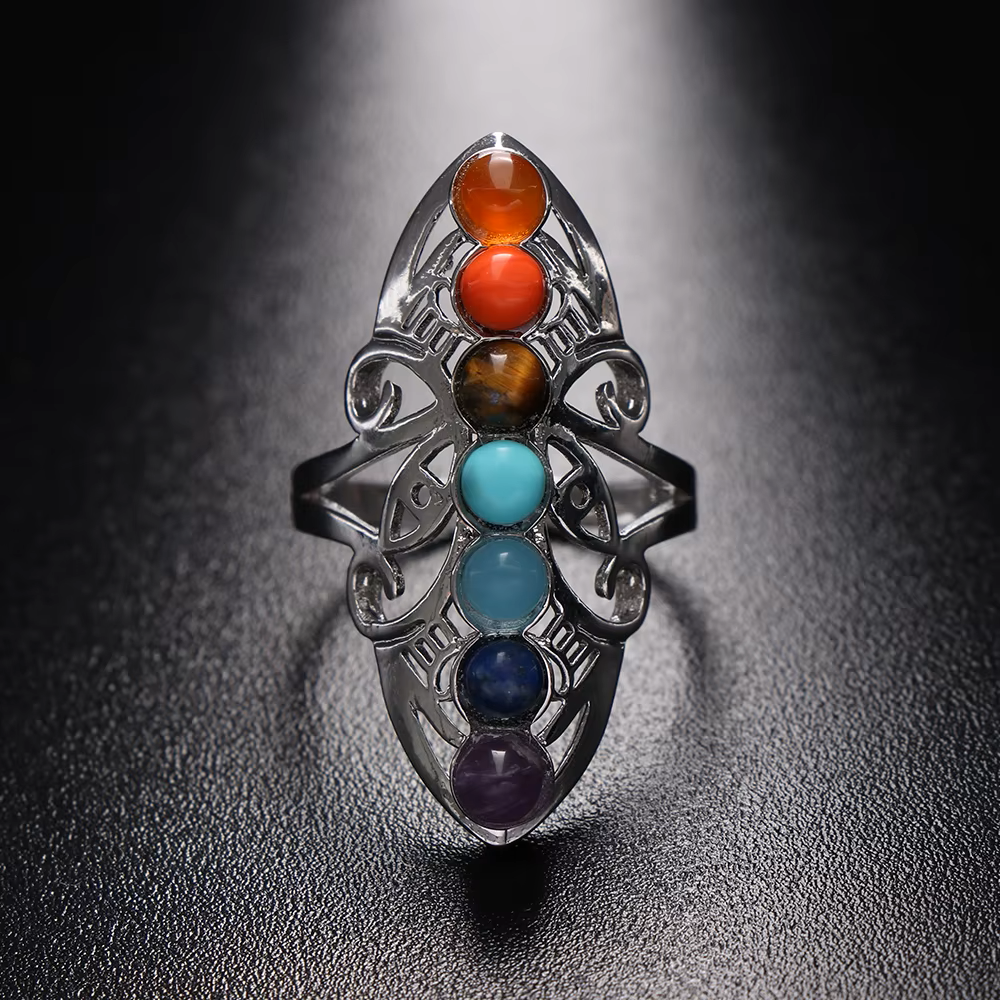7 Chakra Stone Bead Ring - Adjustable Silver Flower Design
