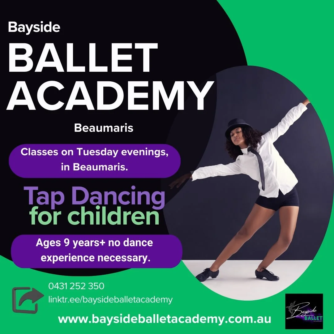 Get the dust off those tap shoes as #tapisback @baysideballetacademy in 2026 !
We offer classes for children through to Adults so join us now
#linkinbio 🖤💜💚🎶🎵
.
.
#baysideballetacademy #beaumaris #tapdancing