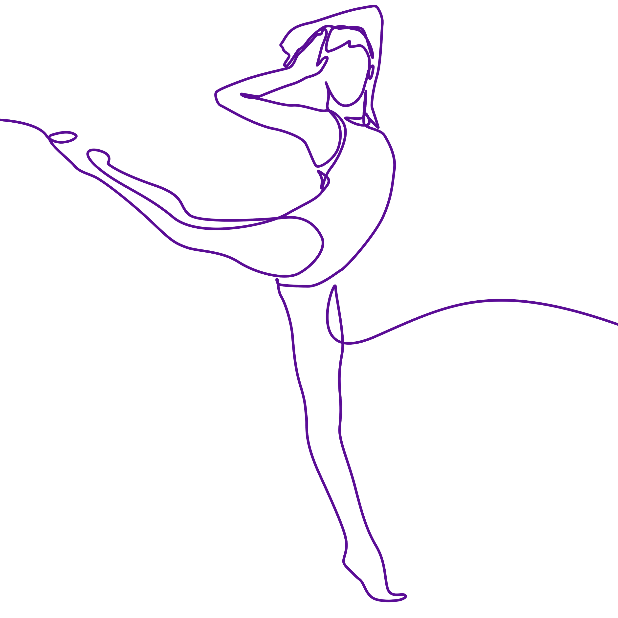 Line art of a woman performing a ballet pose, doing a high leg extension with her right leg up, using her right hand to hold the foot, with her left hand behind her head, in a graceful position, outlined in purple on a black background.