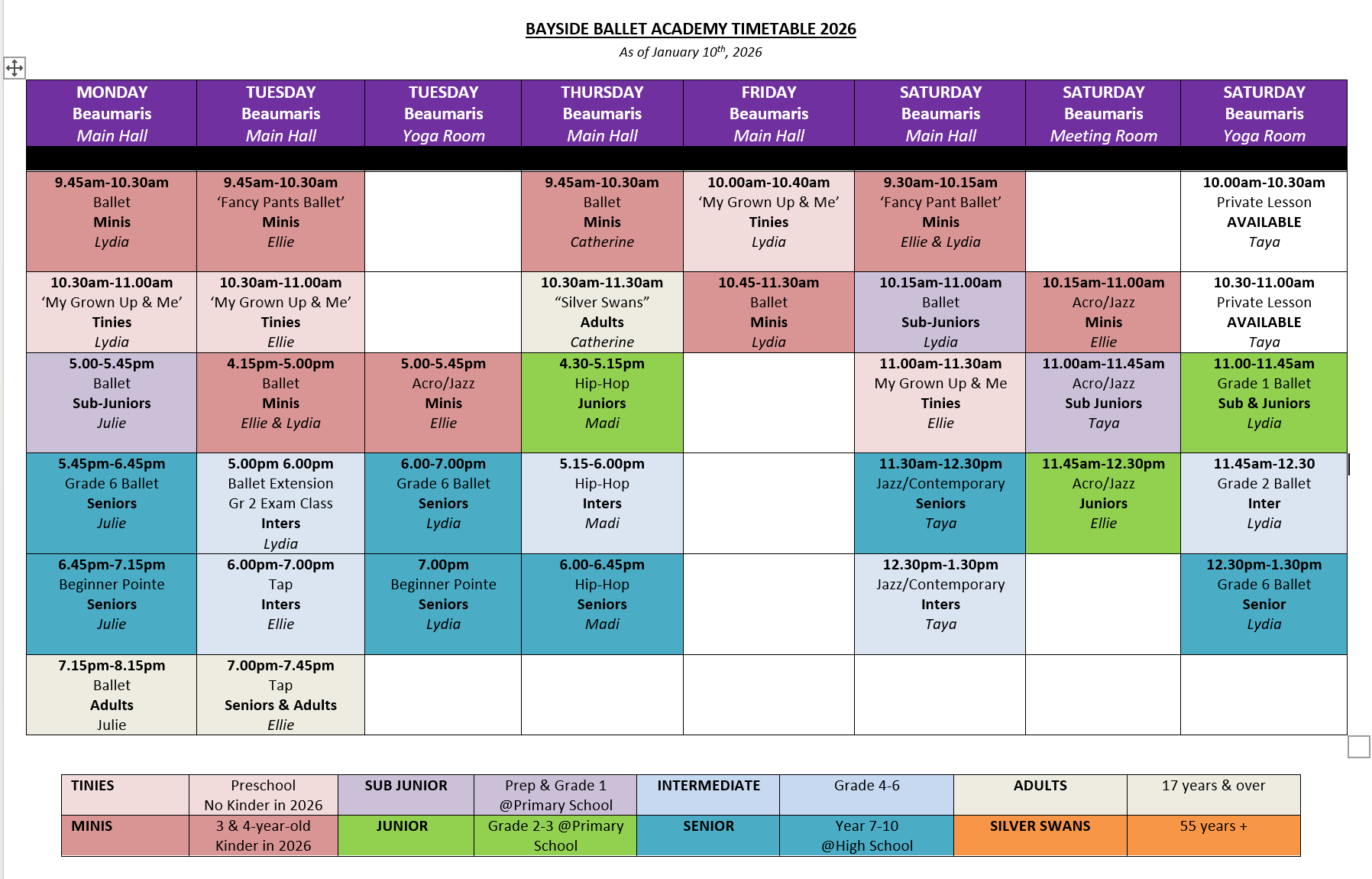 Bayside Ballet Academy timetable
