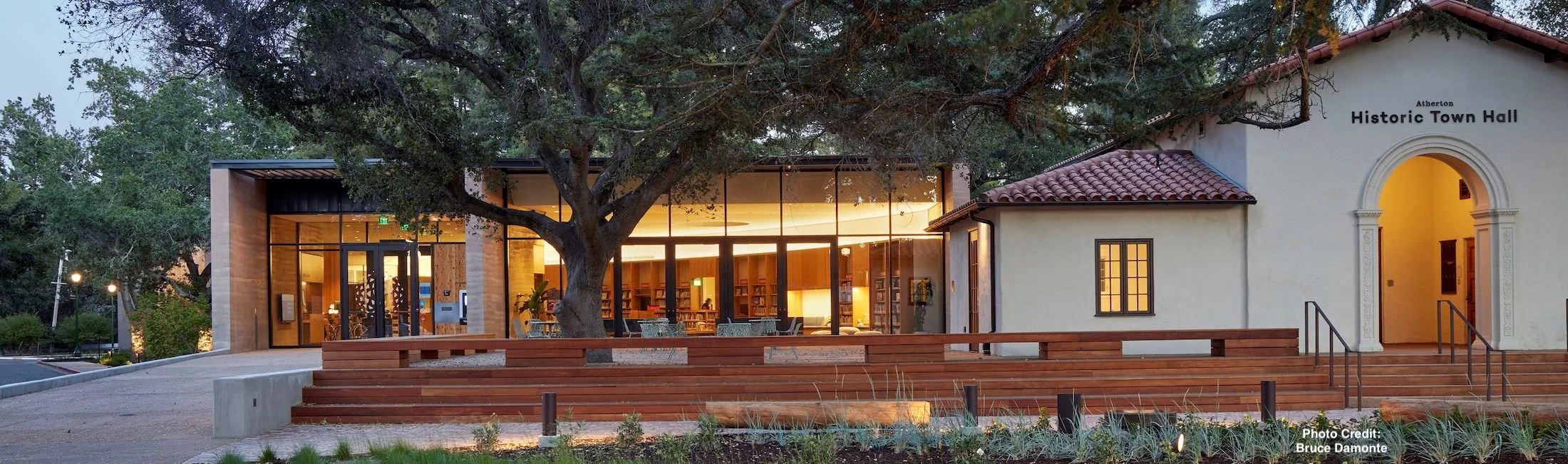 Atherton Historic Town Hall in Atherton town center, a historic civic building in Silicon Valley, California.