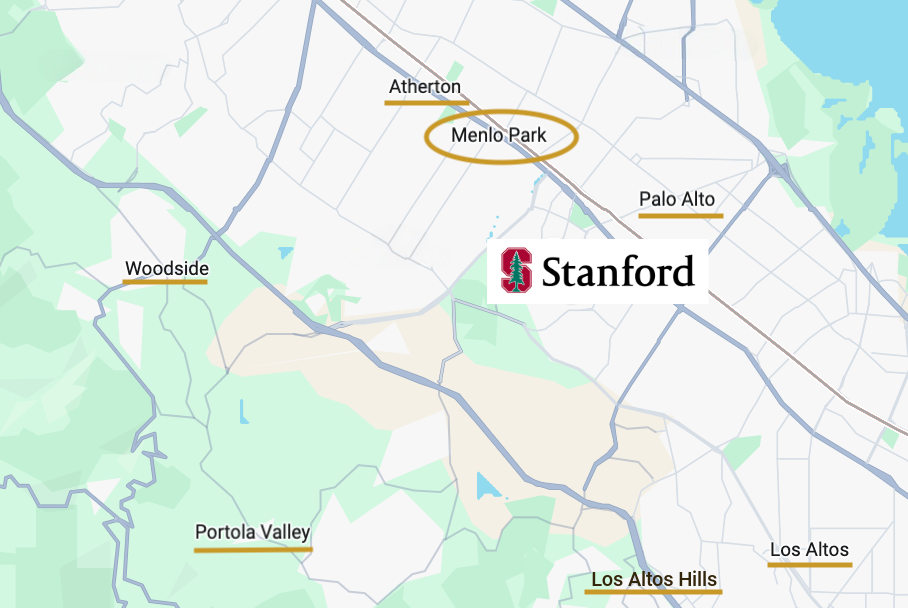 Map showing Menlo Park, California in relation to Stanford University, Palo Alto, Atherton, and other Silicon Valley communities.