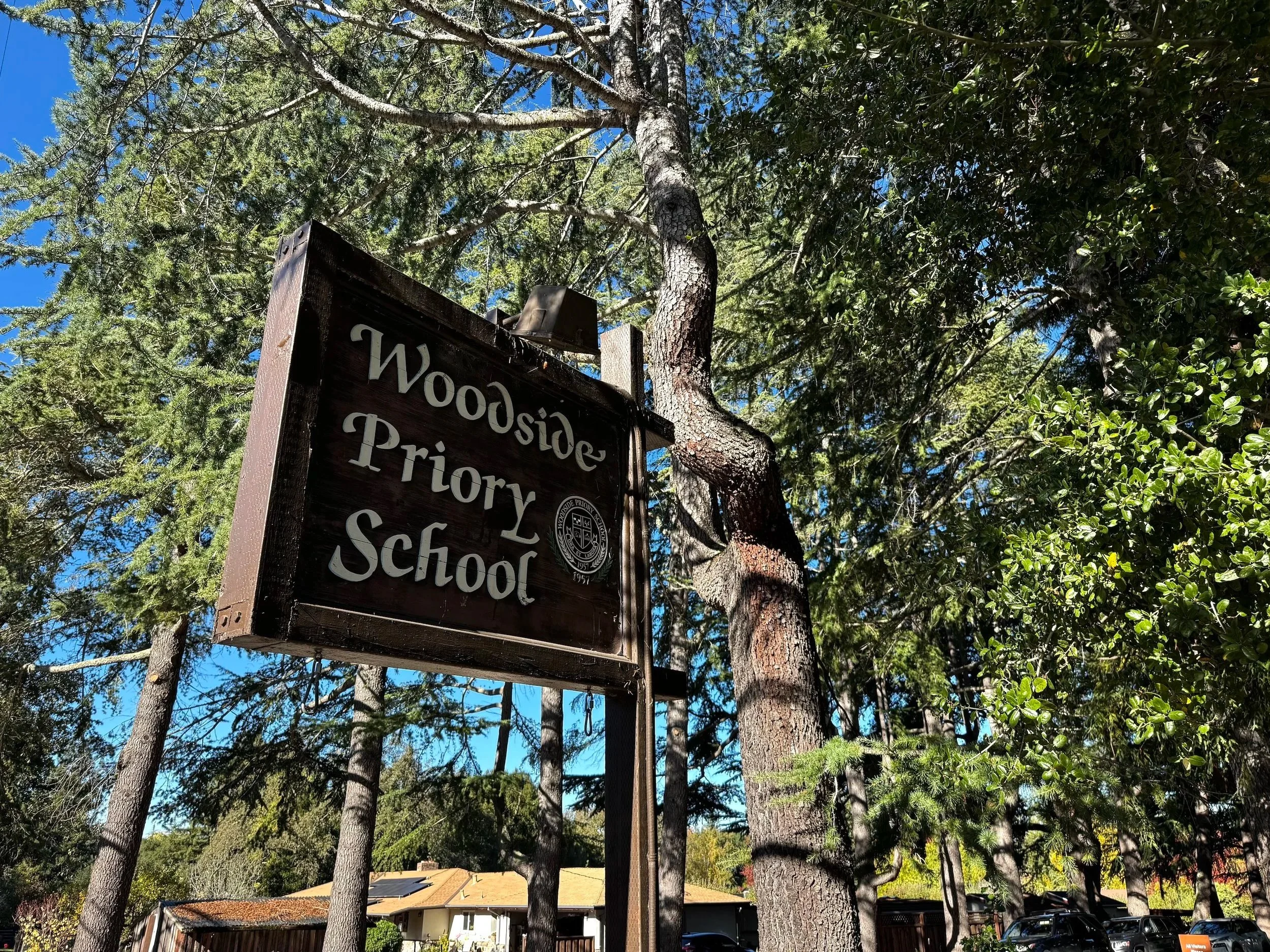 Entrance sign of Woodside Priory School in Portola Valley, a highly regarded private 6–12 school.