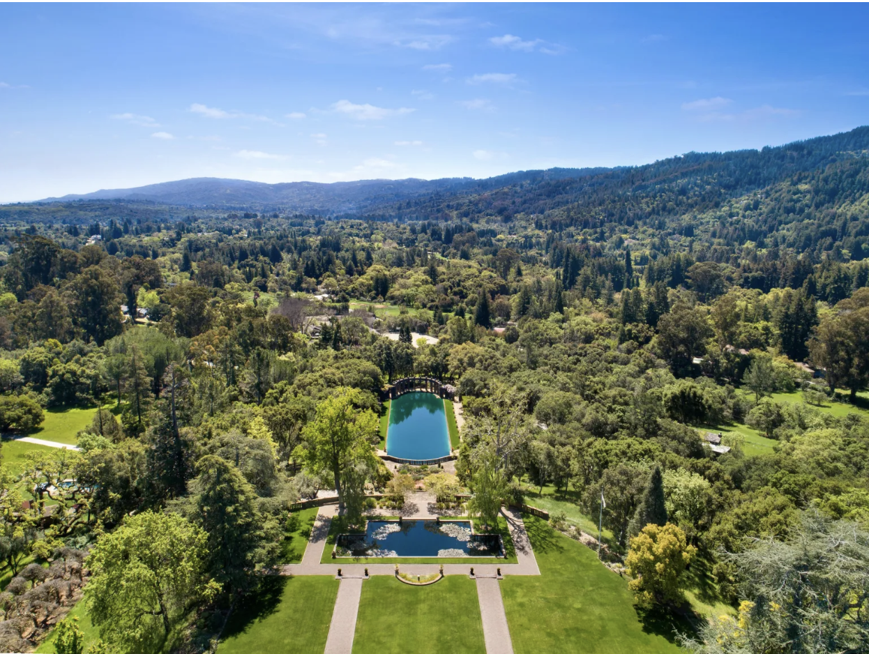 Aerial view of the historic Green Gables Estate in Woodside, California, one of the most significant luxury properties in Silicon Valley.