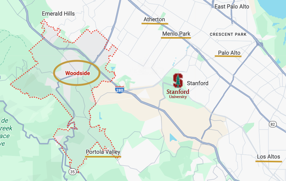 Map showing Woodside, California in relation to Stanford University, Palo Alto, Menlo Park, and other Silicon Valley communities.