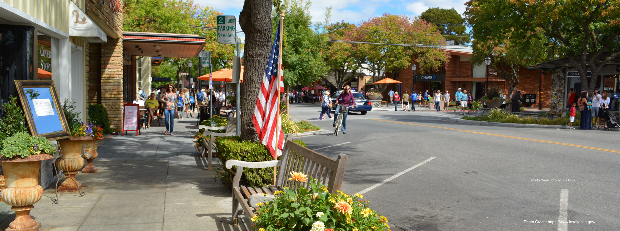 Downtown Los Altos, California, featuring a walkable main street with local shops, cafés, and a lively community atmosphere.