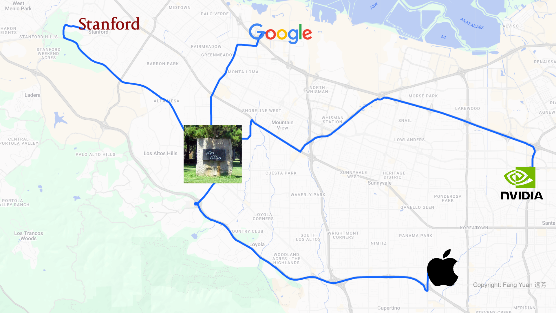 Map showing commute routes from Los Altos to Stanford, Google, Apple, and NVIDIA in Silicon Valley.