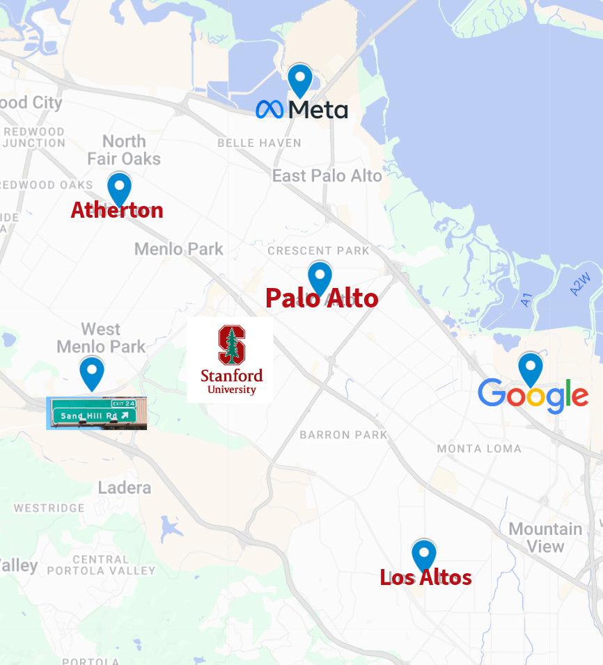 Location map showing Palo Alto’s central position in Silicon Valley near Stanford University, Sand Hill Road, Meta, Google, Atherton, and Los Altos.