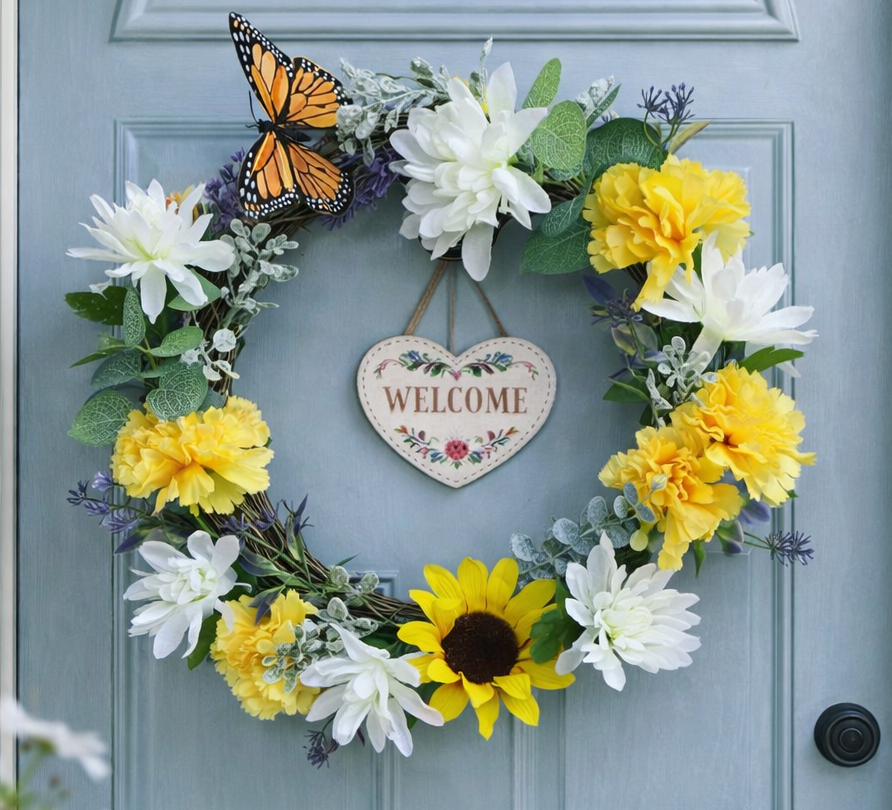 A floral wreath with yellow, white, and purple flowers, green leaves, and a butterfly, hanging on a blue door with a heart-shaped "Welcome" sign in the center.