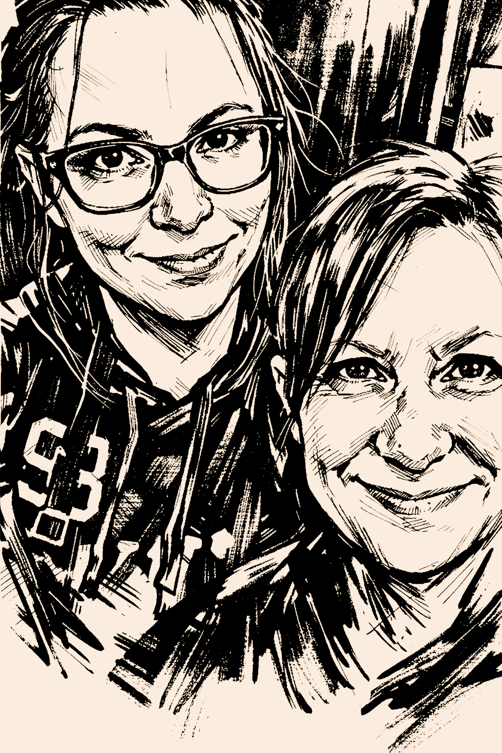 Black and white sketch of two smiling women, one with glasses and the other without, in casual clothing.