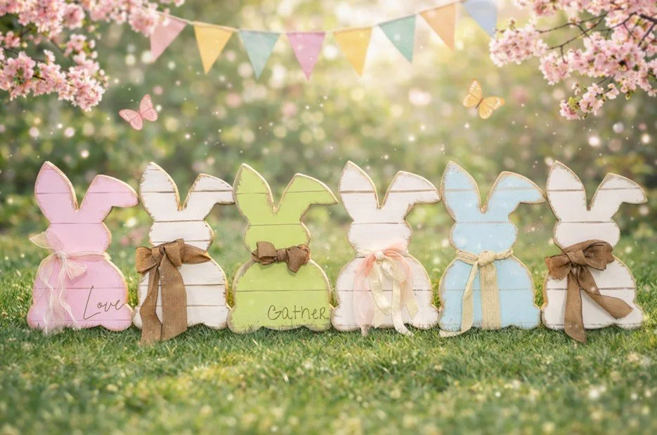 Five wooden bunnies painted in pastel colors pink, white, green, white, and blue, sitting on grass with bows around their necks, and decorated with small handwritten signs saying "Love" and "Gather". The background features pink cherry blossom trees, colorful pennant banners, butterflies, and a soft sunlight glow.