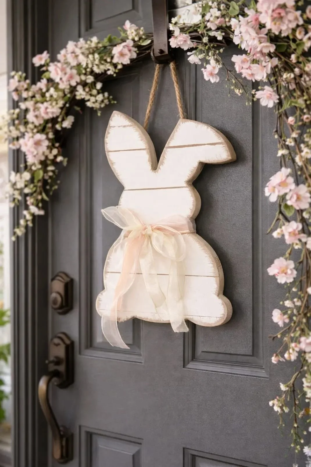 Decorative bunny door hanging with pink ribbon, surrounded by pink cherry blossom flowers on a black front door.