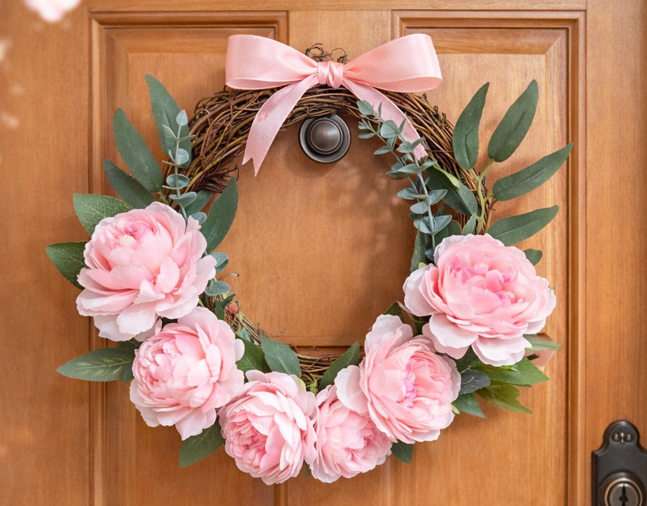 A floral wreath with pink peony flowers, green leaves, and a pink ribbon bow hanging on a wooden door.