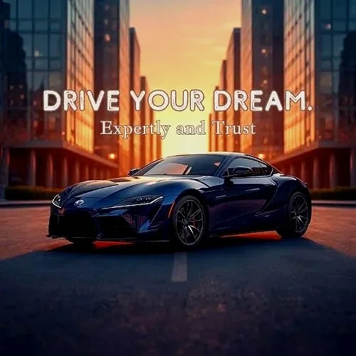 A sleek black sports car parked on an empty city street at sunset with tall glass buildings on either side, and the text 'Drive Your Dream. Expertly and Trust' overlaying the scene.